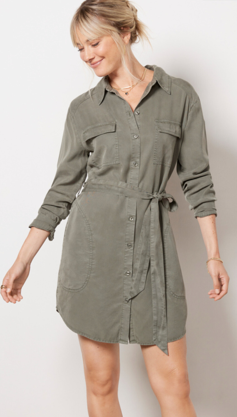 Evereve Olive Peyton Shirt Dress Long Sleeve Belted Button Front Women Small NWT